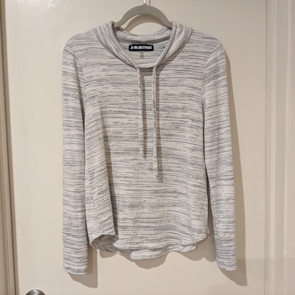 Ink Love and Peace Space Dye White and Gray Cowl Neck Pullover Medium Petite